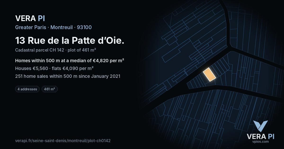 13 Rue de la Patte d’Oie, Montreuil at night – the plot lit, the parcels around coloured by the prices near them