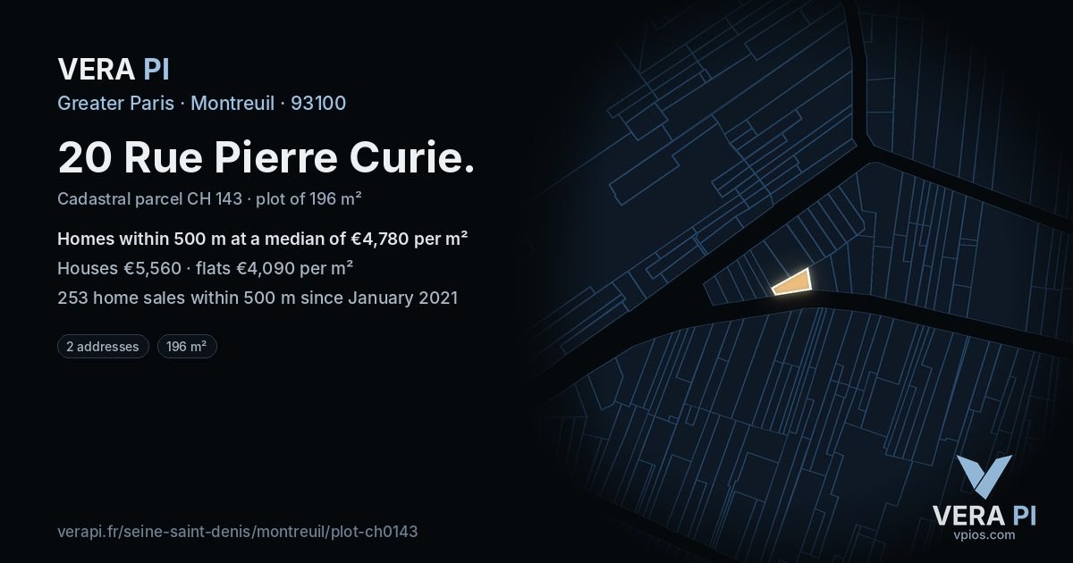20 Rue Pierre Curie, Montreuil at night – the plot lit, the parcels around coloured by the prices near them