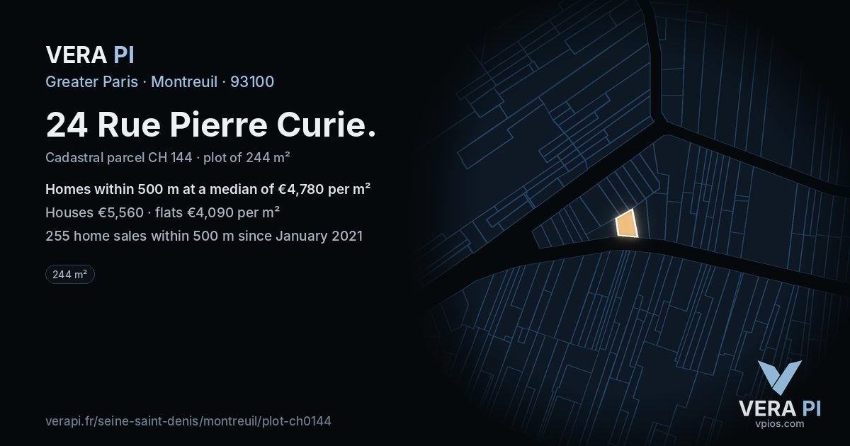 24 Rue Pierre Curie, Montreuil at night – the plot lit, the parcels around coloured by the prices near them