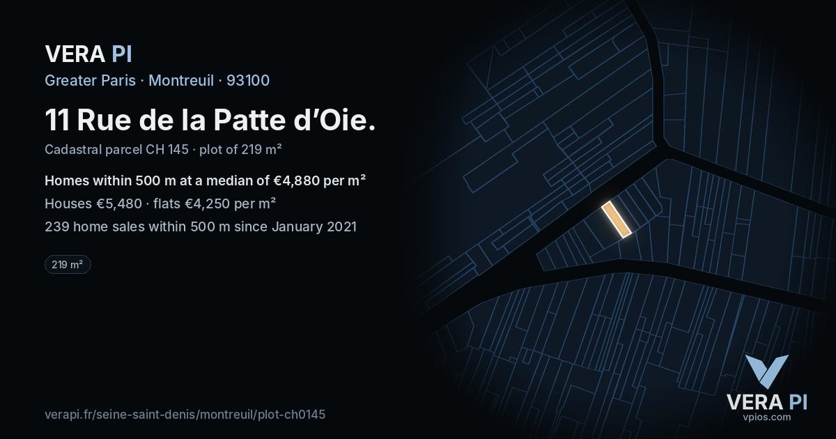 11 Rue de la Patte d’Oie, Montreuil at night – the plot lit, the parcels around coloured by the prices near them