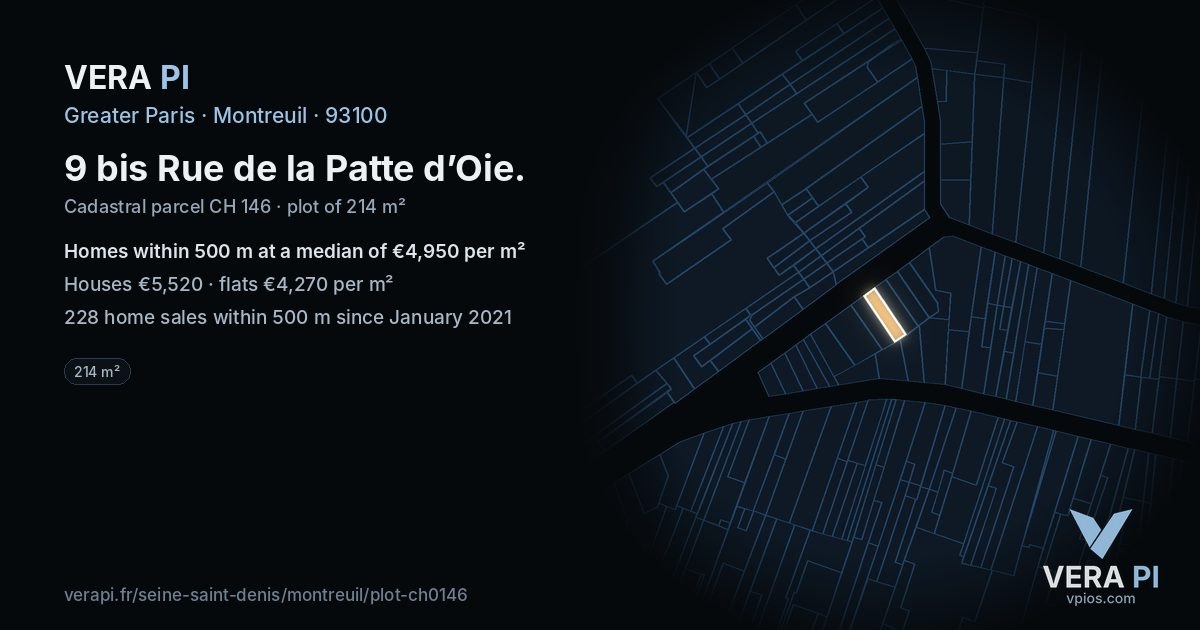 9 bis Rue de la Patte d’Oie, Montreuil at night – the plot lit, the parcels around coloured by the prices near them