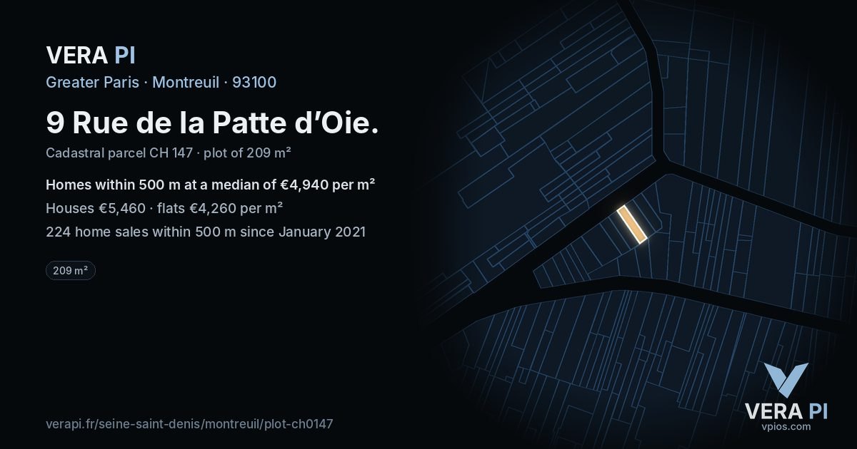 9 Rue de la Patte d’Oie, Montreuil at night – the plot lit, the parcels around coloured by the prices near them