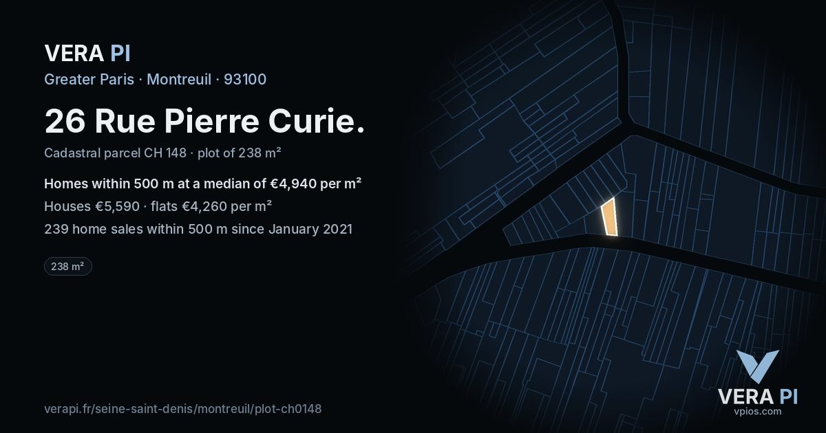 26 Rue Pierre Curie, Montreuil at night – the plot lit, the parcels around coloured by the prices near them