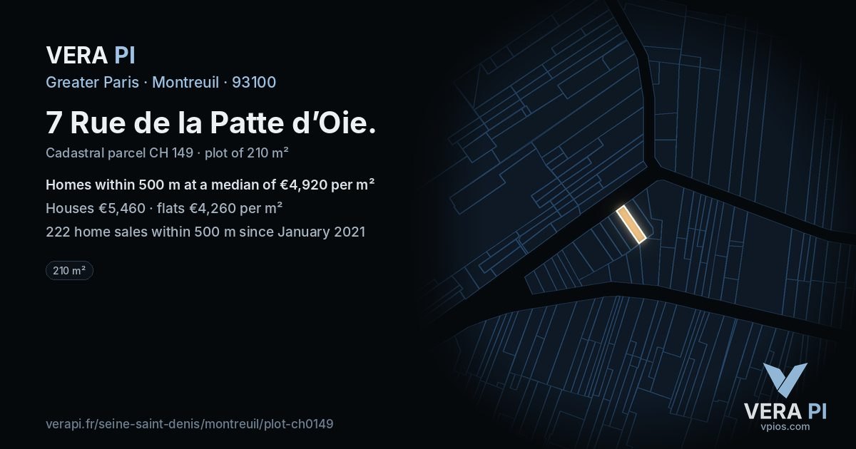 7 Rue de la Patte d’Oie, Montreuil at night – the plot lit, the parcels around coloured by the prices near them