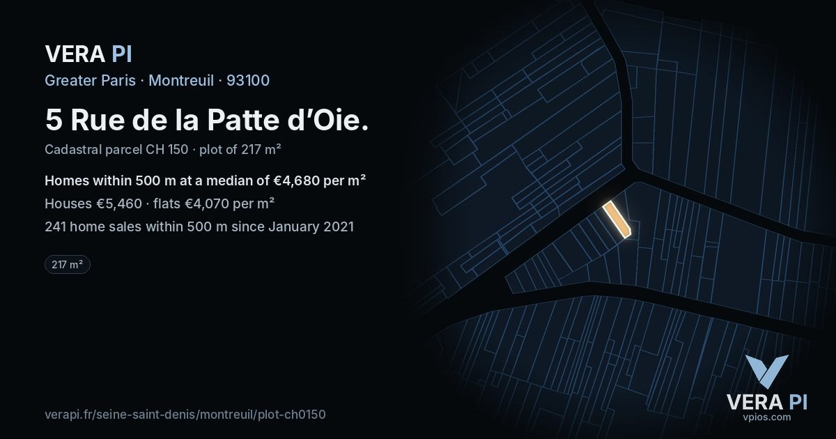 5 Rue de la Patte d’Oie, Montreuil at night – the plot lit, the parcels around coloured by the prices near them