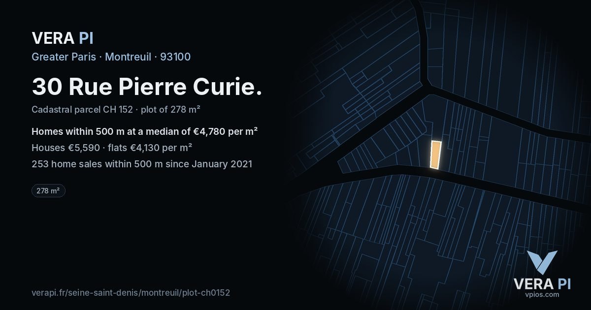 30 Rue Pierre Curie, Montreuil at night – the plot lit, the parcels around coloured by the prices near them
