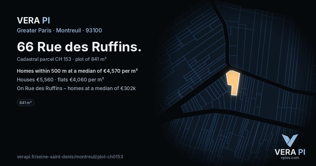 66 Rue des Ruffins, Montreuil at night – the plot lit, the parcels around coloured by the prices near them