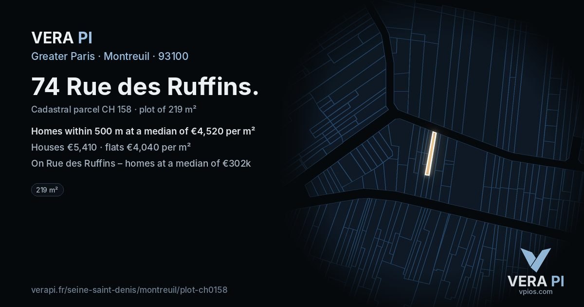 74 Rue des Ruffins, Montreuil at night – the plot lit, the parcels around coloured by the prices near them