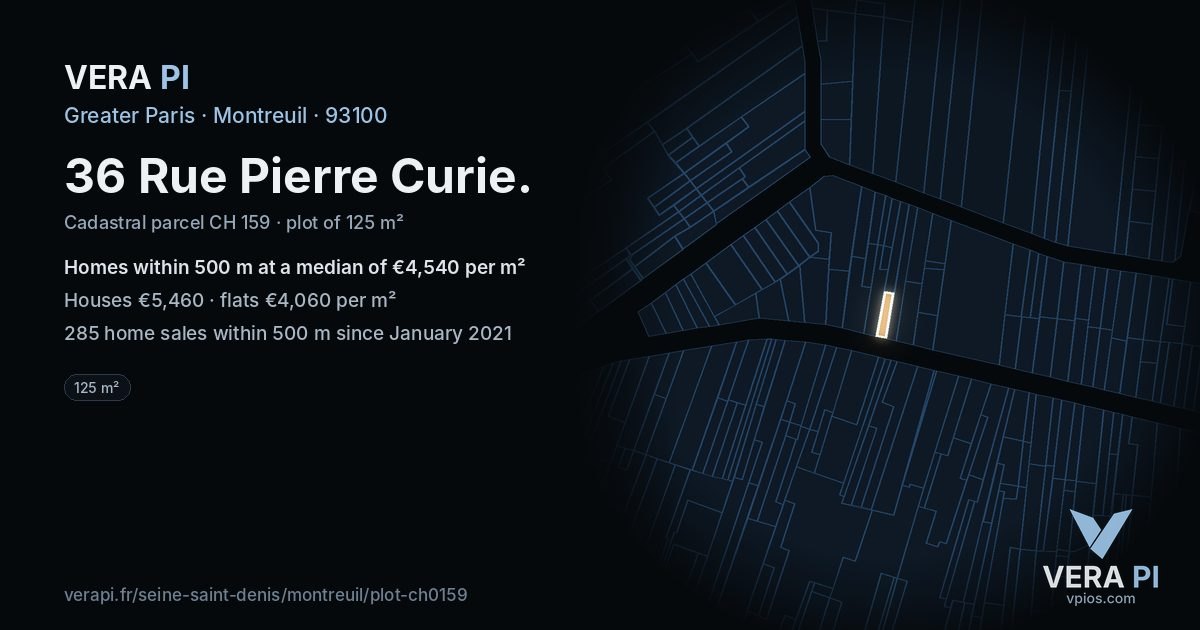 36 Rue Pierre Curie, Montreuil at night – the plot lit, the parcels around coloured by the prices near them