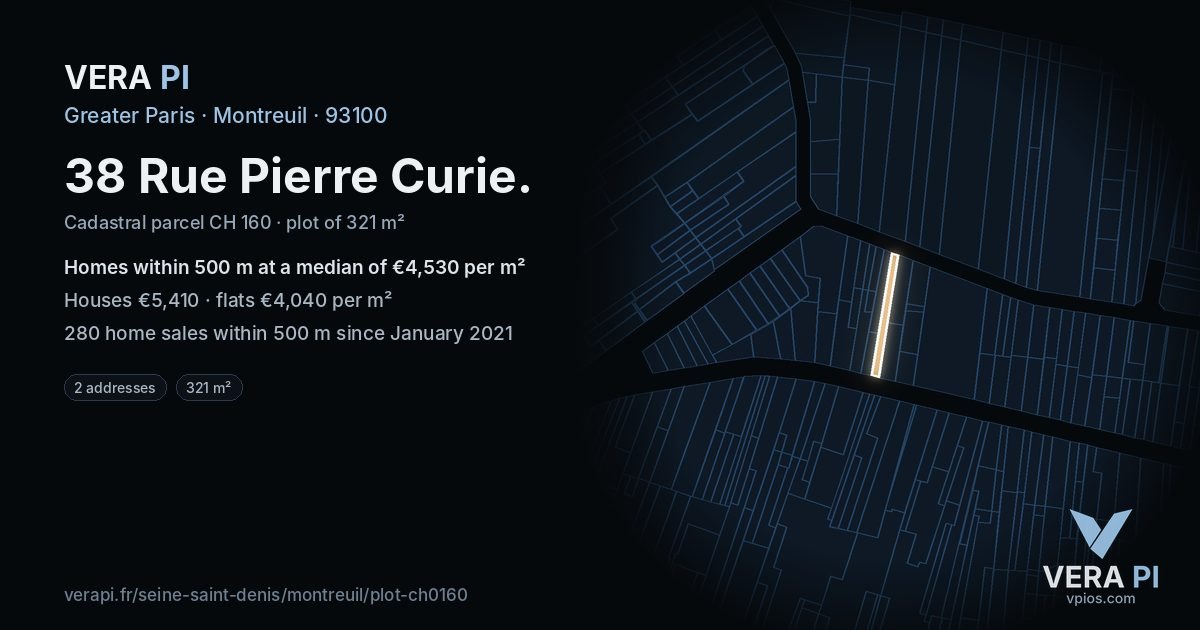 38 Rue Pierre Curie, Montreuil at night – the plot lit, the parcels around coloured by the prices near them
