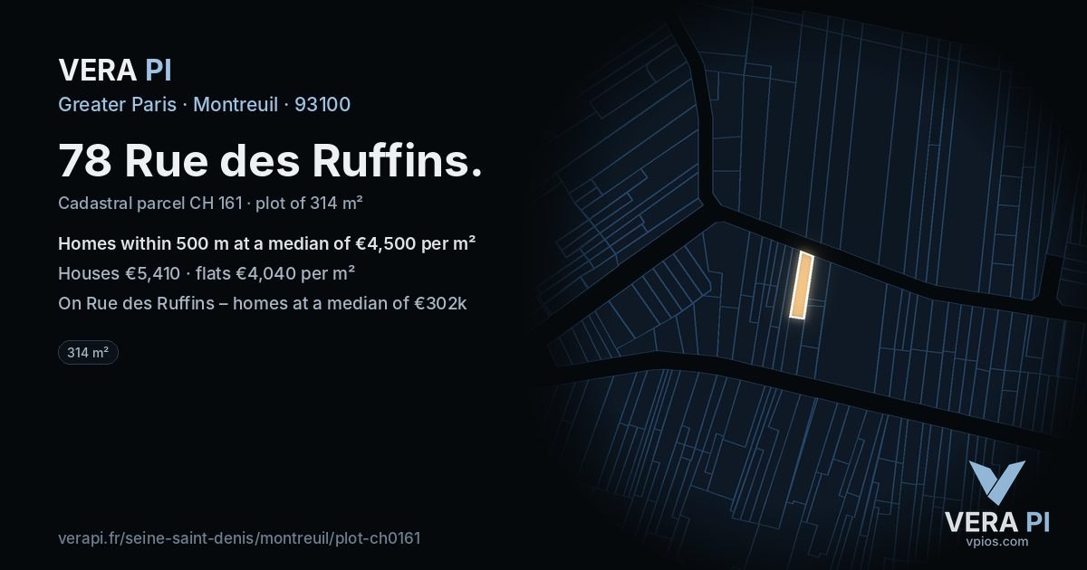 78 Rue des Ruffins, Montreuil at night – the plot lit, the parcels around coloured by the prices near them