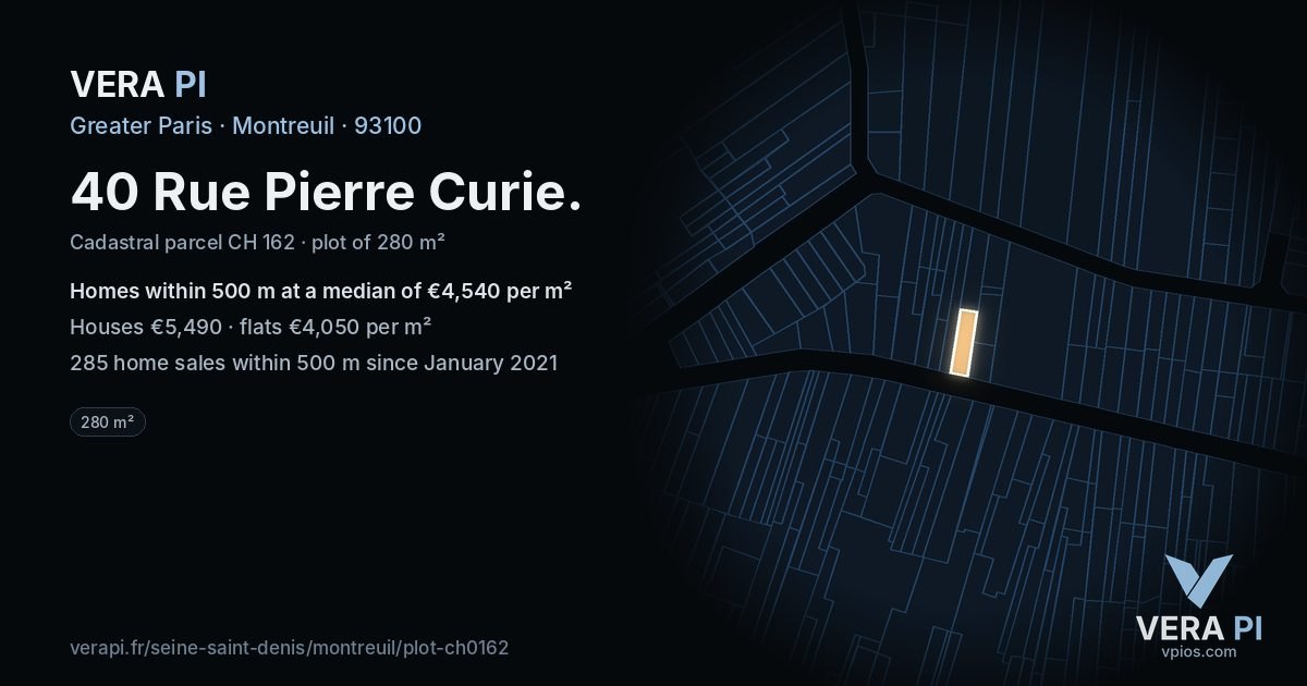 40 Rue Pierre Curie, Montreuil at night – the plot lit, the parcels around coloured by the prices near them