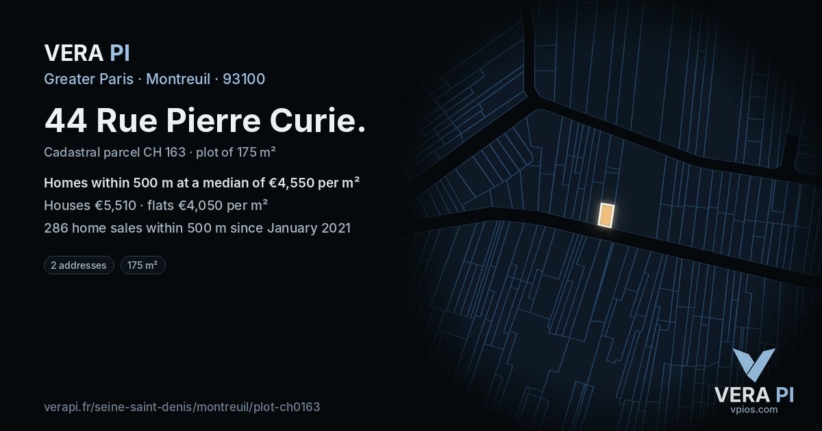 44 Rue Pierre Curie, Montreuil at night – the plot lit, the parcels around coloured by the prices near them