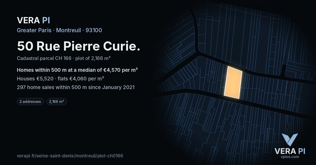50 Rue Pierre Curie, Montreuil at night – the plot lit, the parcels around coloured by the prices near them