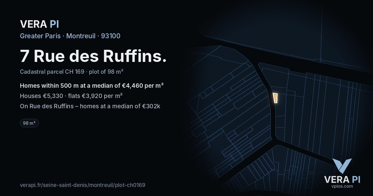 7 Rue des Ruffins, Montreuil at night – the plot lit, the parcels around coloured by the prices near them