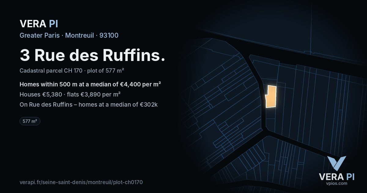 3 Rue des Ruffins, Montreuil at night – the plot lit, the parcels around coloured by the prices near them