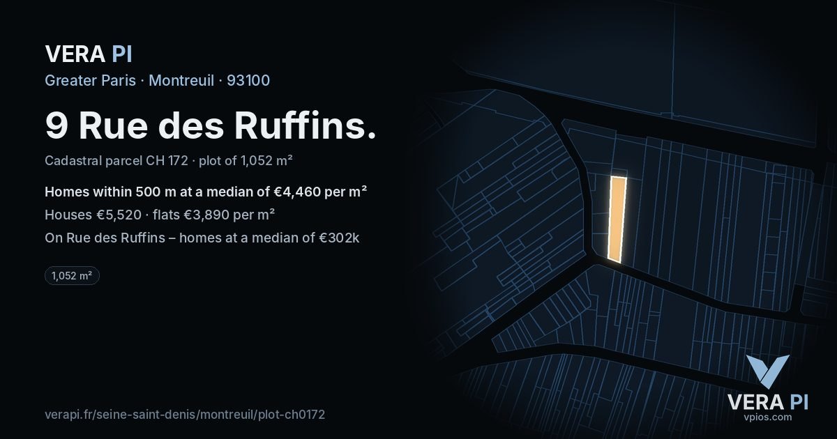 9 Rue des Ruffins, Montreuil at night – the plot lit, the parcels around coloured by the prices near them