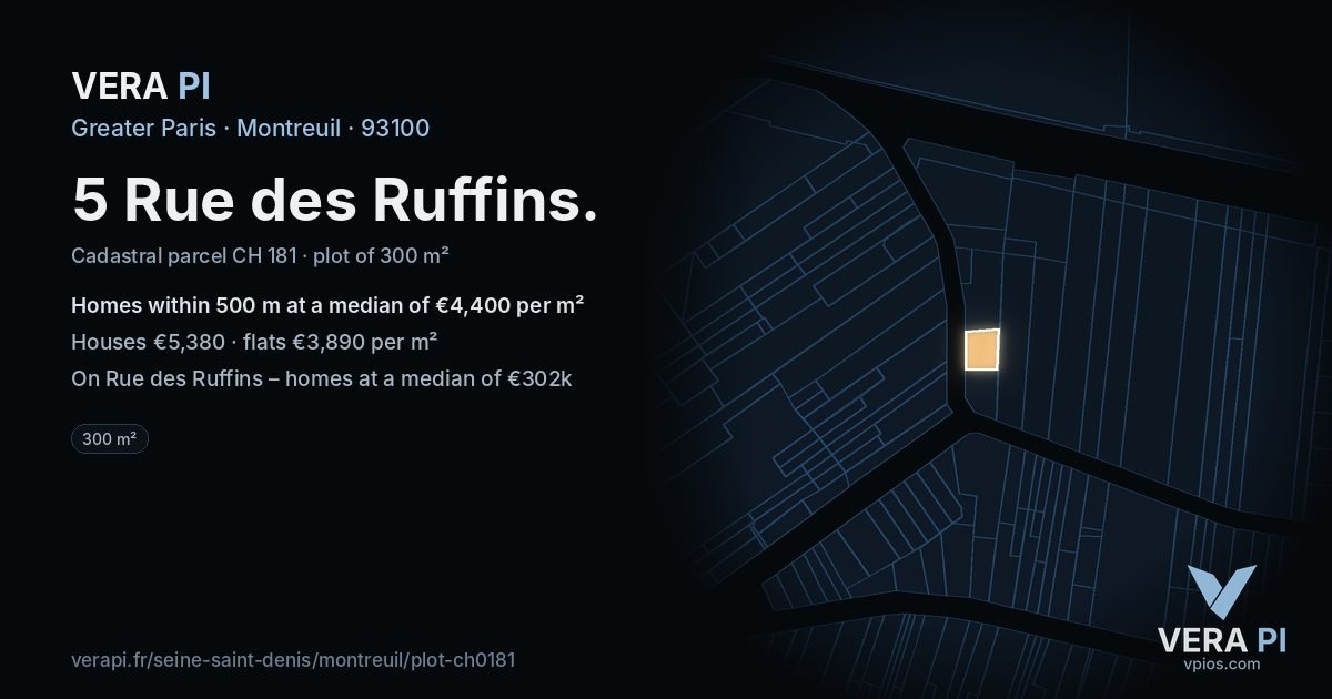 5 Rue des Ruffins, Montreuil at night – the plot lit, the parcels around coloured by the prices near them