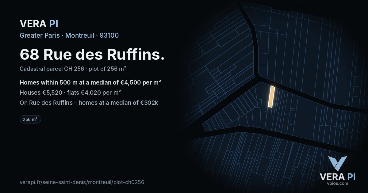 68 Rue des Ruffins, Montreuil at night – the plot lit, the parcels around coloured by the prices near them