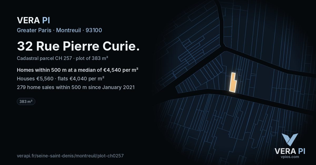 32 Rue Pierre Curie, Montreuil at night – the plot lit, the parcels around coloured by the prices near them