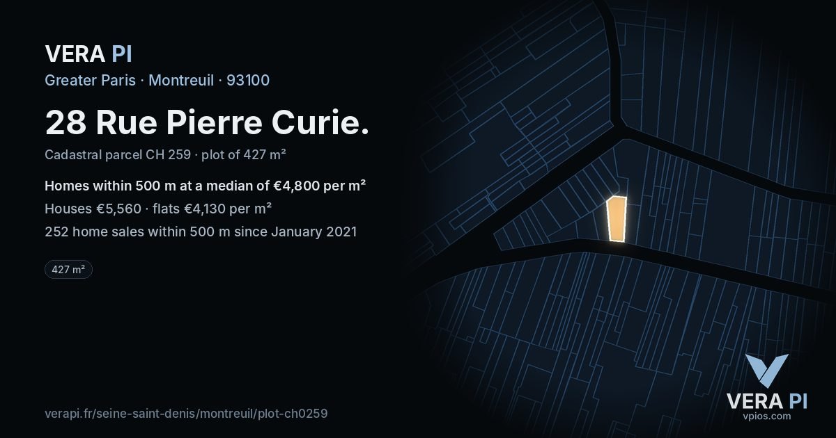 28 Rue Pierre Curie, Montreuil at night – the plot lit, the parcels around coloured by the prices near them