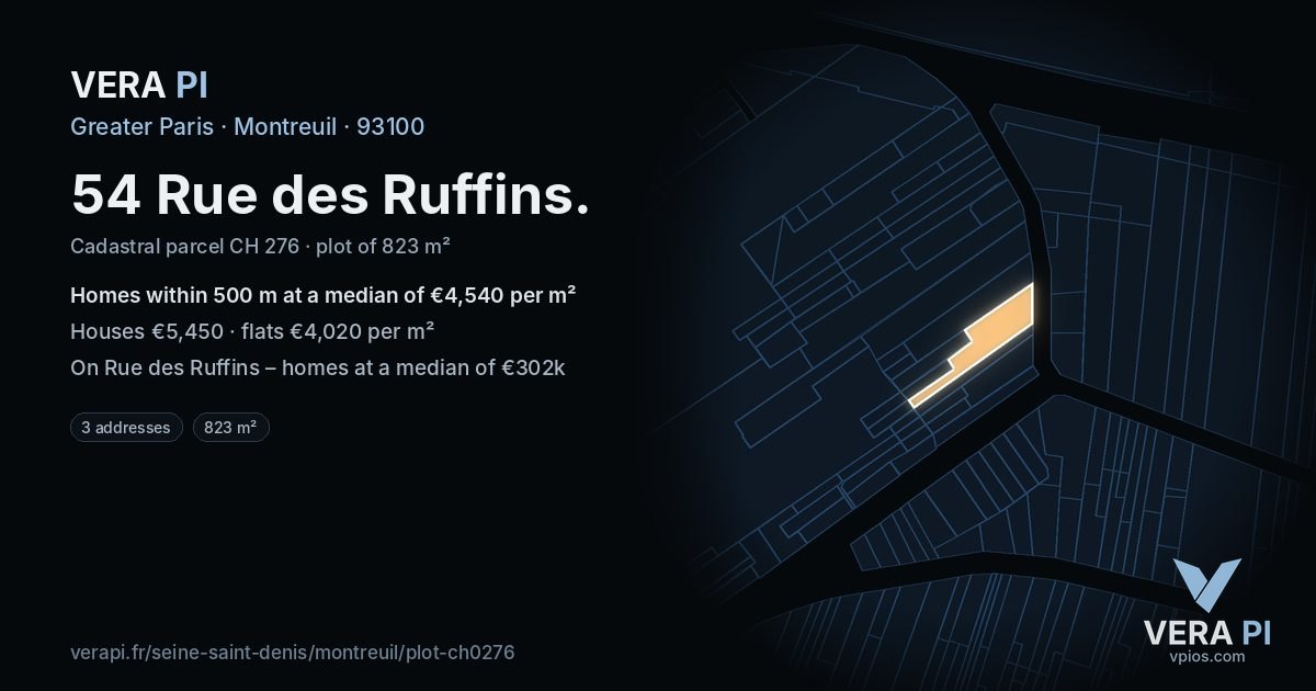54 Rue des Ruffins, Montreuil at night – the plot lit, the parcels around coloured by the prices near them