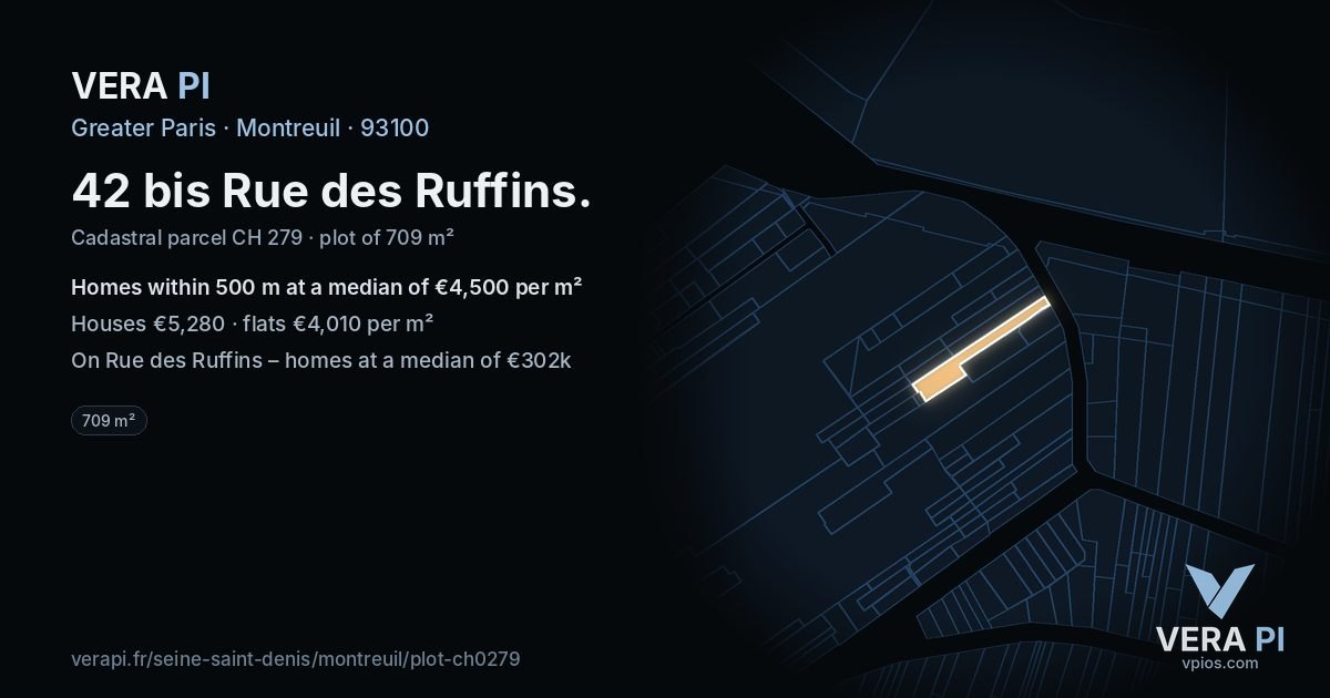 42 bis Rue des Ruffins, Montreuil at night – the plot lit, the parcels around coloured by the prices near them