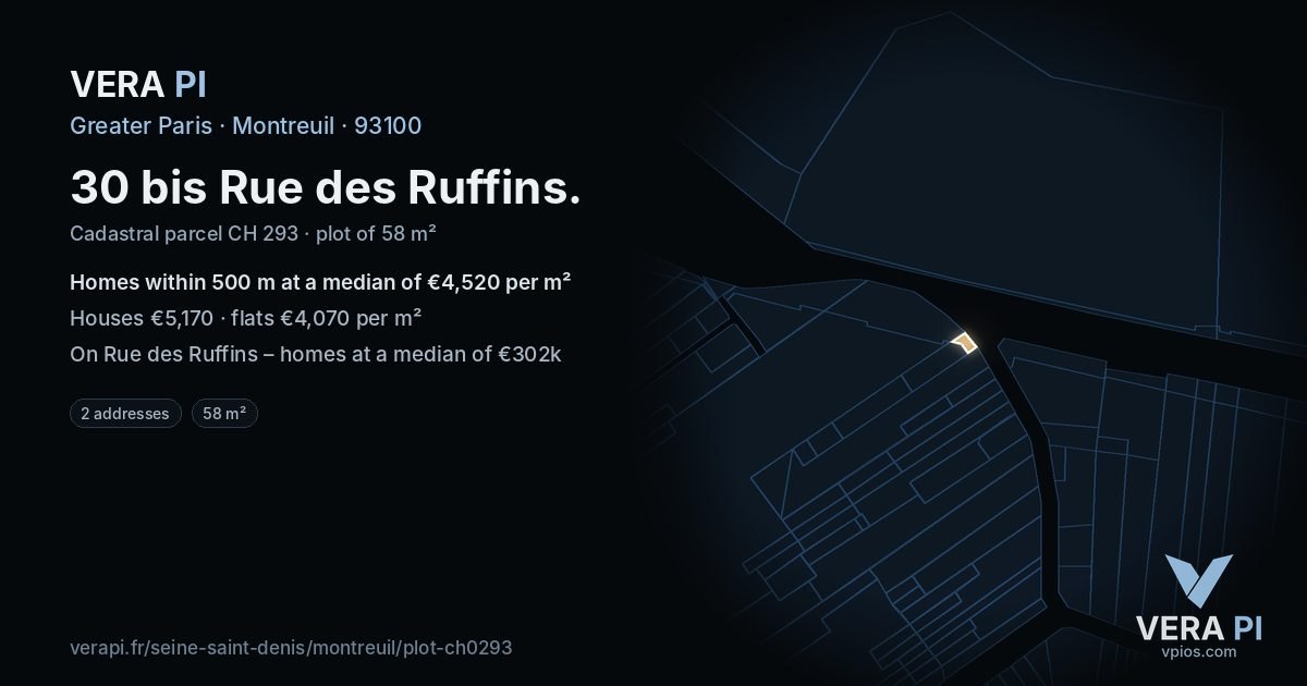 30 bis Rue des Ruffins, Montreuil at night – the plot lit, the parcels around coloured by the prices near them
