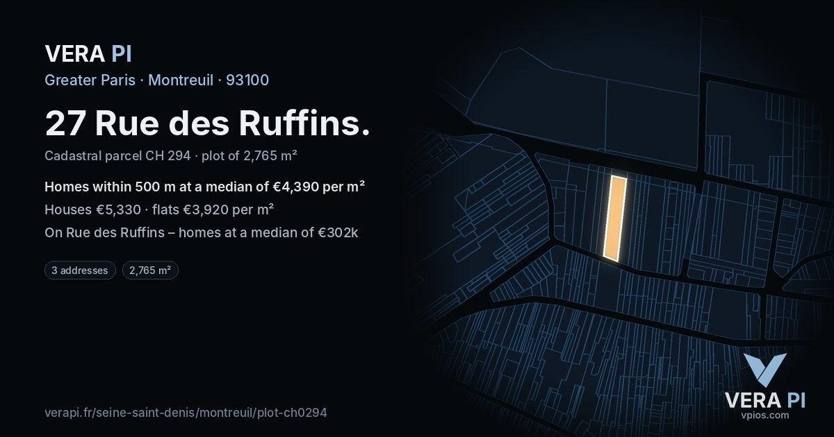 27 Rue des Ruffins, Montreuil at night – the plot lit, the parcels around coloured by the prices near them