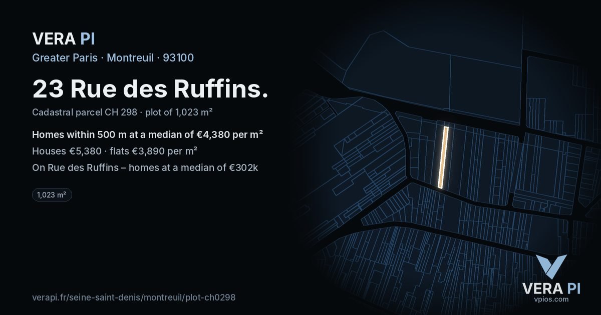 23 Rue des Ruffins, Montreuil at night – the plot lit, the parcels around coloured by the prices near them
