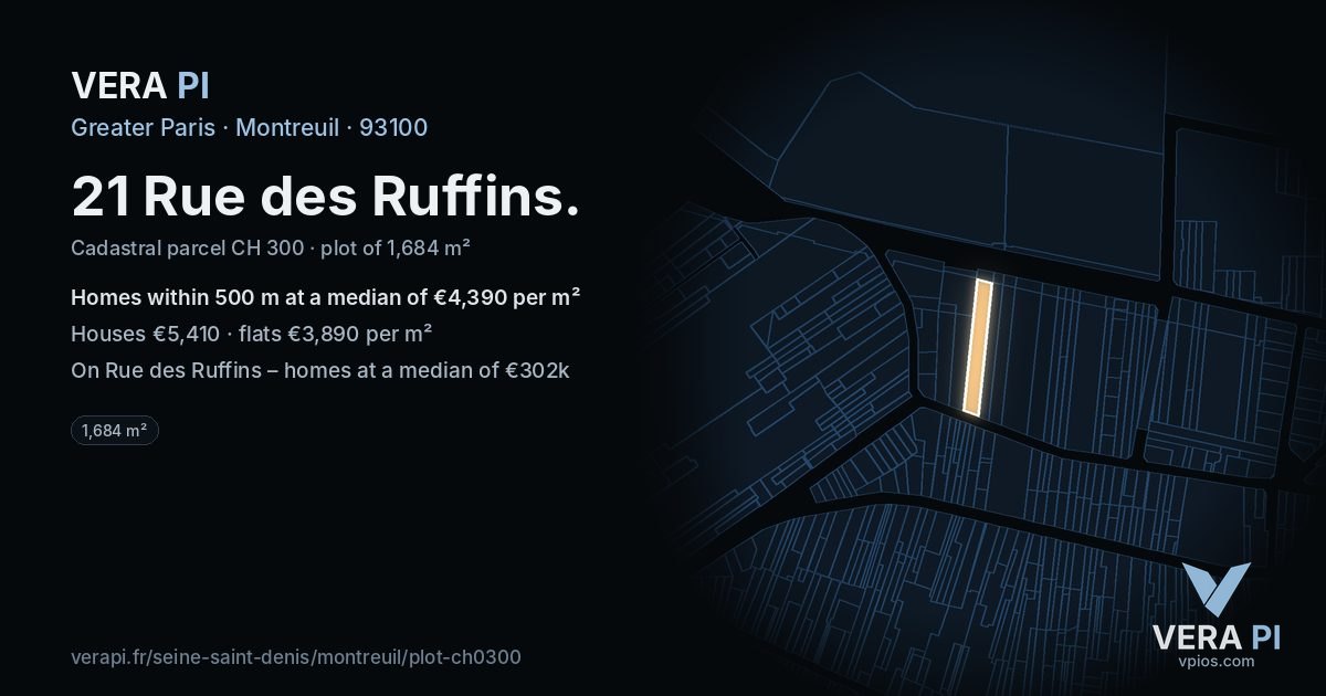 21 Rue des Ruffins, Montreuil at night – the plot lit, the parcels around coloured by the prices near them