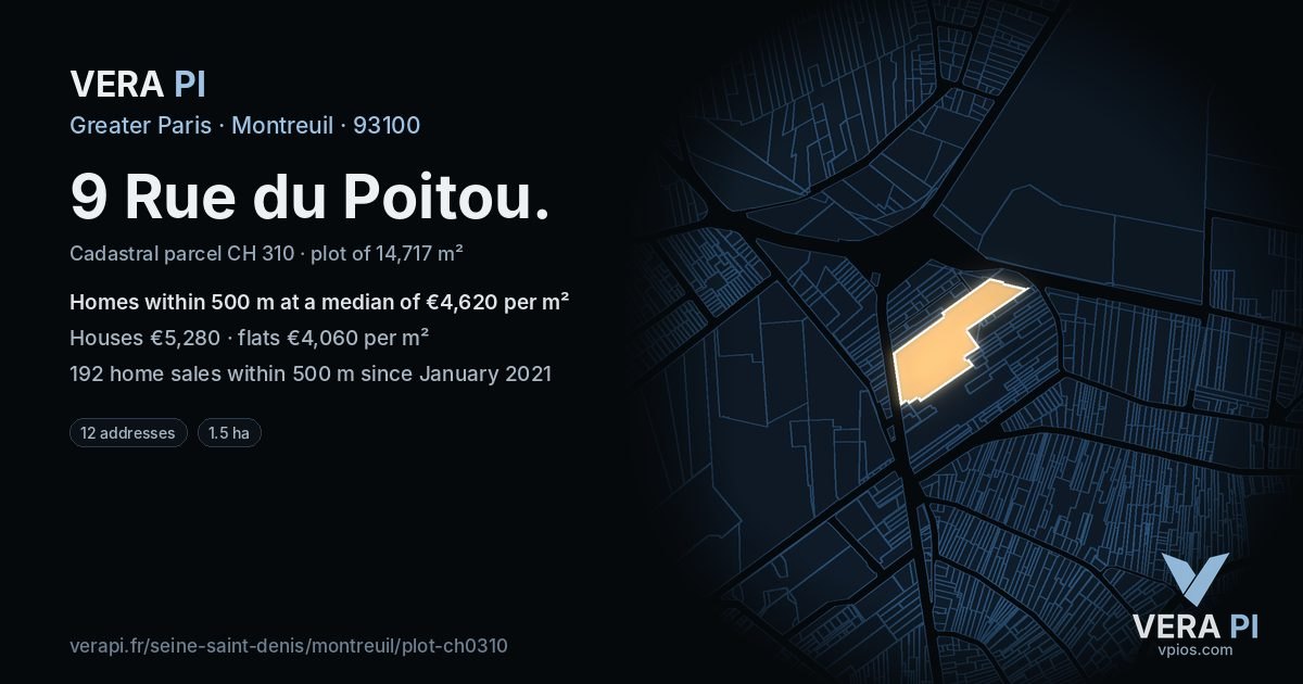 9 Rue du Poitou, Montreuil at night – the plot lit, the parcels around coloured by the prices near them