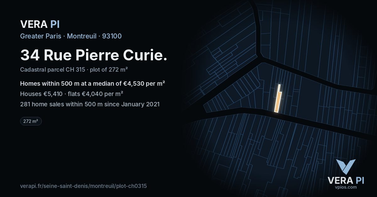 34 Rue Pierre Curie, Montreuil at night – the plot lit, the parcels around coloured by the prices near them