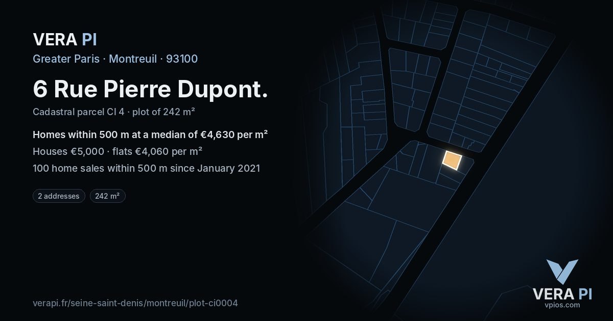 6 Rue Pierre Dupont, Montreuil at night – the plot lit, the parcels around coloured by the prices near them