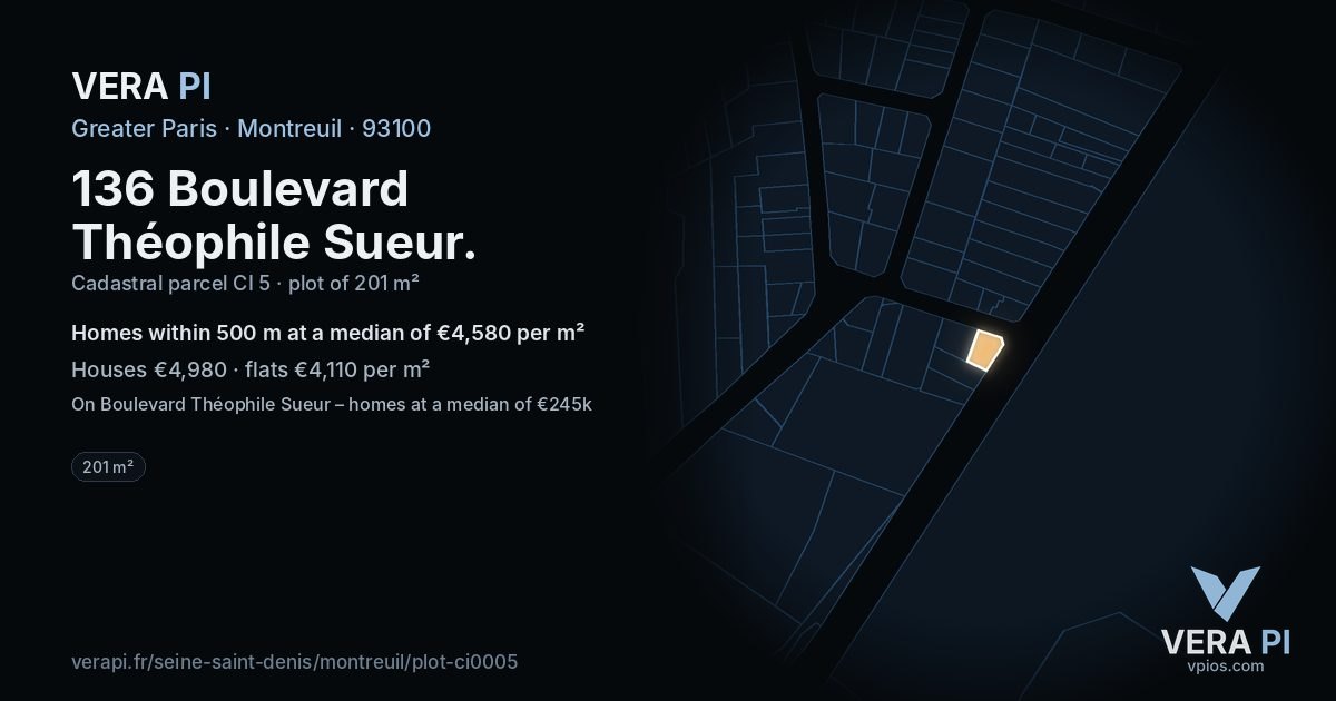 136 Boulevard Théophile Sueur, Montreuil at night – the plot lit, the parcels around coloured by the prices near them