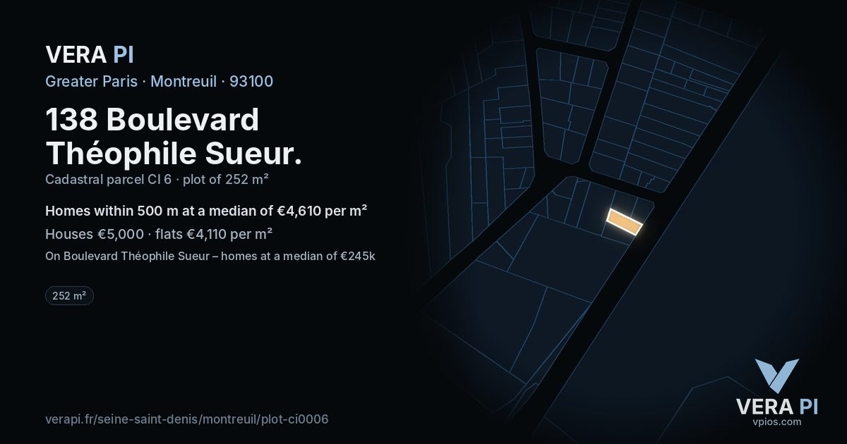 138 Boulevard Théophile Sueur, Montreuil at night – the plot lit, the parcels around coloured by the prices near them