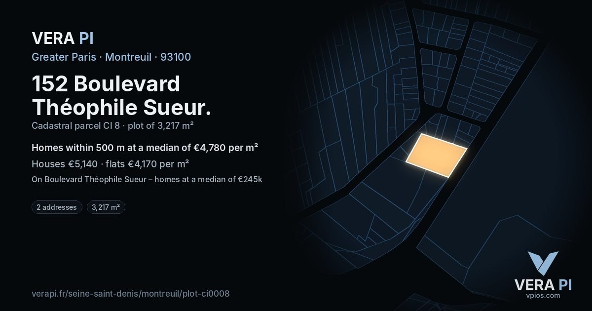 152 Boulevard Théophile Sueur, Montreuil at night – the plot lit, the parcels around coloured by the prices near them