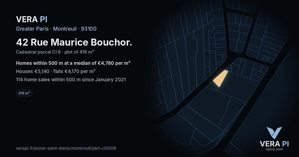 42 Rue Maurice Bouchor, Montreuil at night – the plot lit, the parcels around coloured by the prices near them