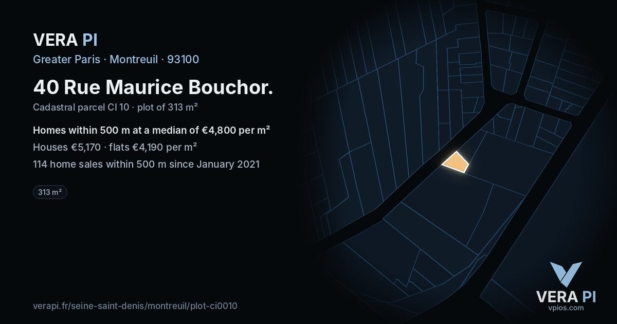 40 Rue Maurice Bouchor, Montreuil at night – the plot lit, the parcels around coloured by the prices near them