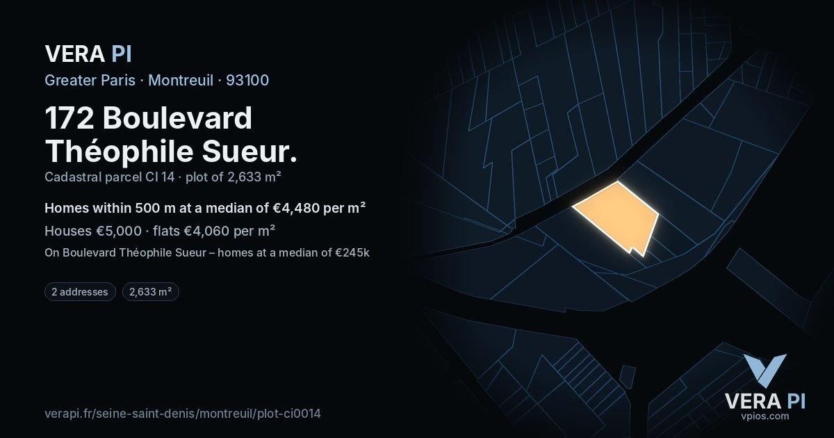 172 Boulevard Théophile Sueur, Montreuil at night – the plot lit, the parcels around coloured by the prices near them