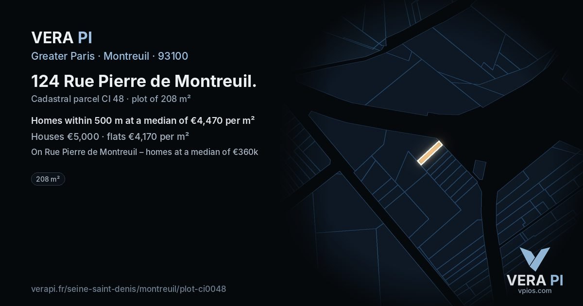 124 Rue Pierre de Montreuil, Montreuil at night – the plot lit, the parcels around coloured by the prices near them