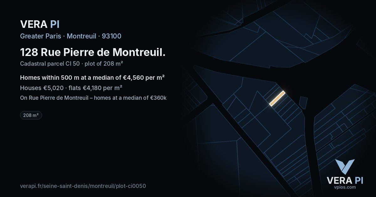 128 Rue Pierre de Montreuil, Montreuil at night – the plot lit, the parcels around coloured by the prices near them