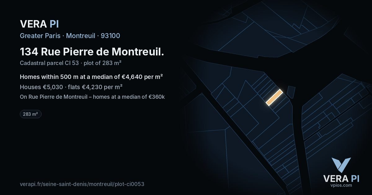 134 Rue Pierre de Montreuil, Montreuil at night – the plot lit, the parcels around coloured by the prices near them