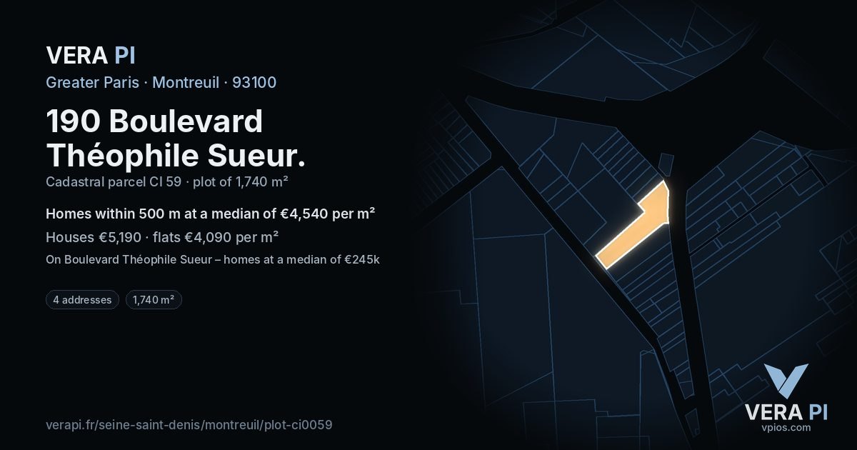 190 Boulevard Théophile Sueur, Montreuil at night – the plot lit, the parcels around coloured by the prices near them