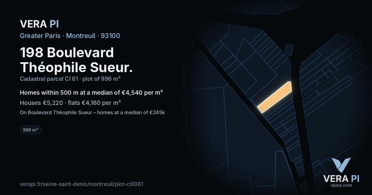 198 Boulevard Théophile Sueur, Montreuil at night – the plot lit, the parcels around coloured by the prices near them