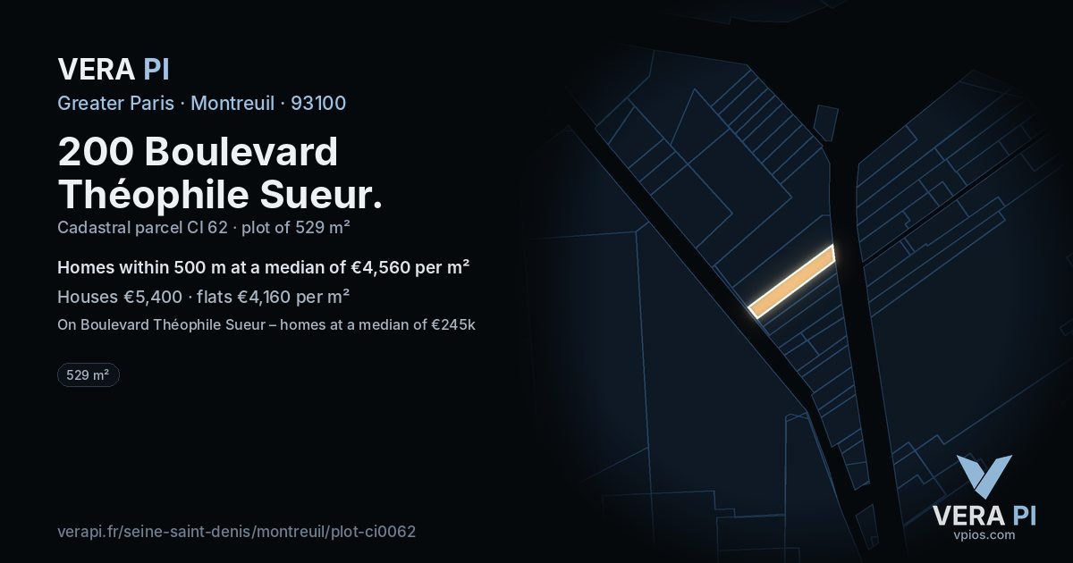 200 Boulevard Théophile Sueur, Montreuil at night – the plot lit, the parcels around coloured by the prices near them