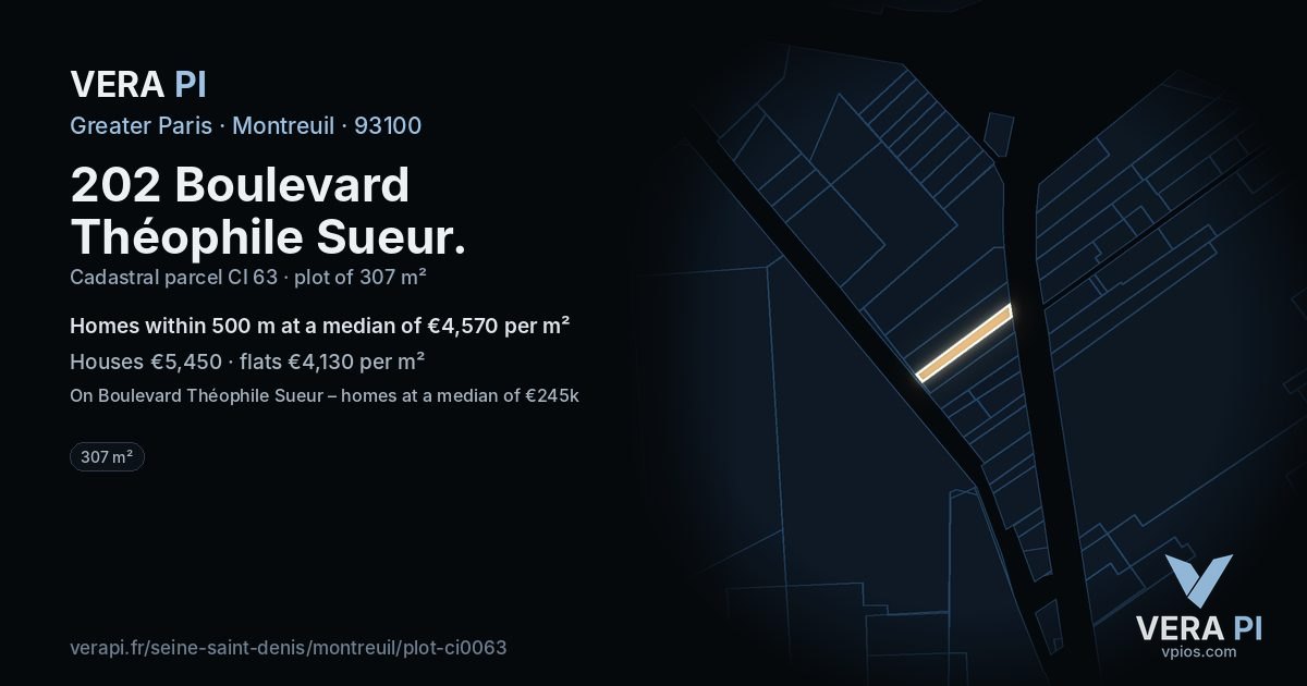 202 Boulevard Théophile Sueur, Montreuil at night – the plot lit, the parcels around coloured by the prices near them