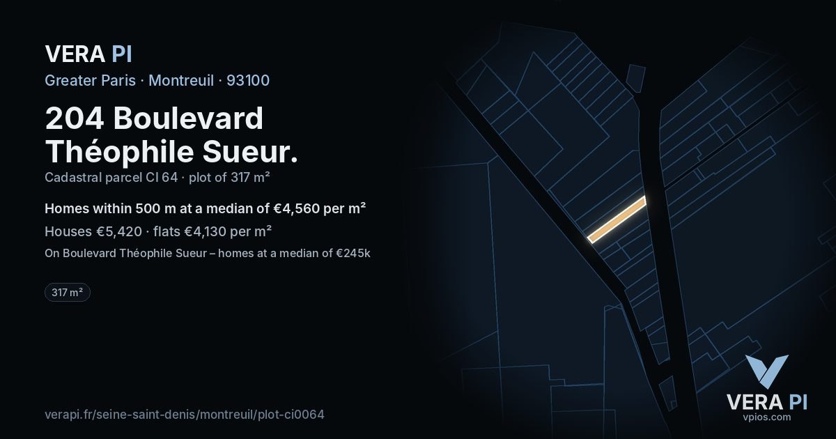204 Boulevard Théophile Sueur, Montreuil at night – the plot lit, the parcels around coloured by the prices near them