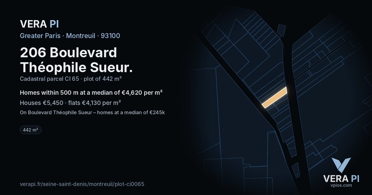 206 Boulevard Théophile Sueur, Montreuil at night – the plot lit, the parcels around coloured by the prices near them