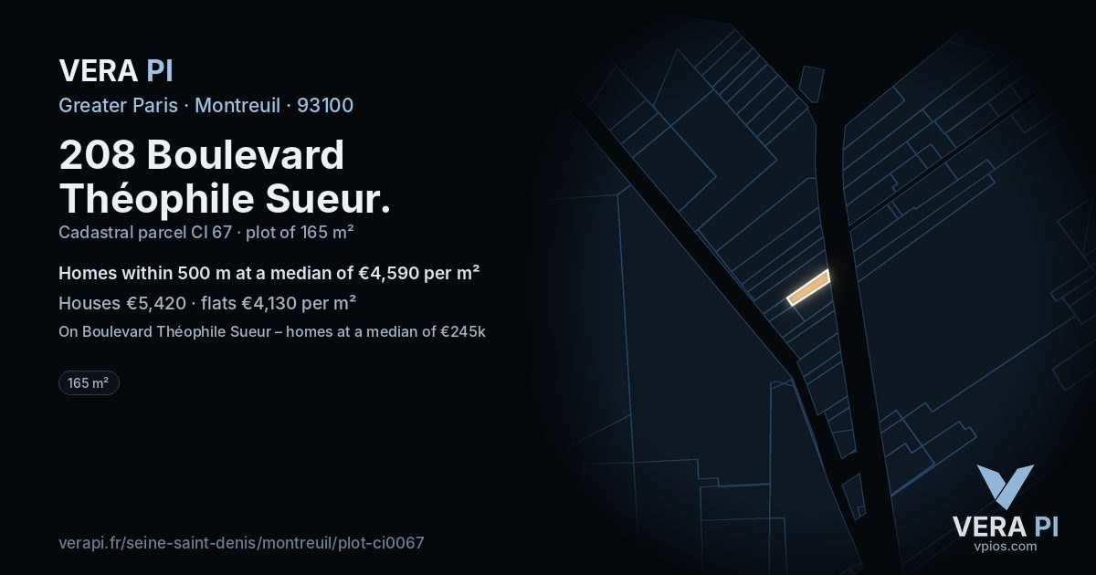 208 Boulevard Théophile Sueur, Montreuil at night – the plot lit, the parcels around coloured by the prices near them